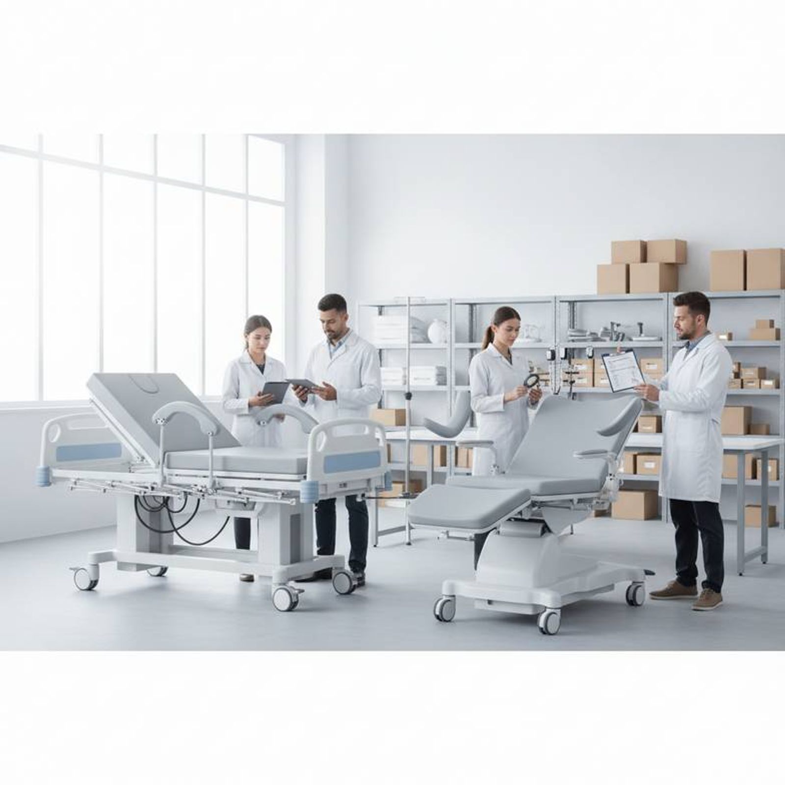 A gynecology chair with integrated lithotomy stirrups and a tilted seat.