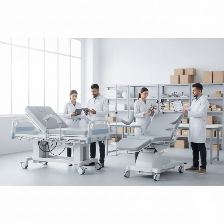 A gynecology chair with integrated lithotomy stirrups and a tilted seat.