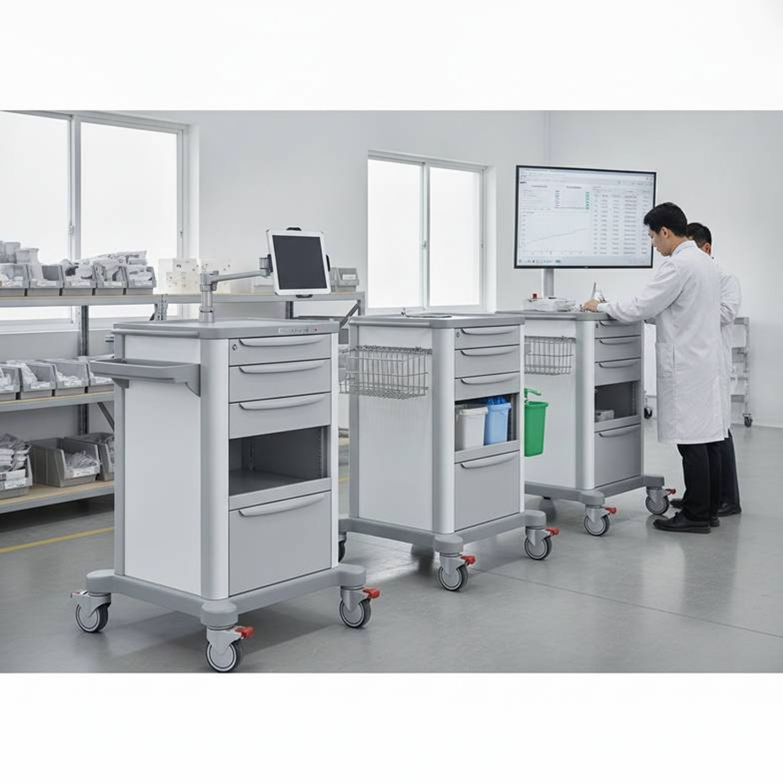 A medical record trolley configured with multiple small, lockable drawers for a psychiatry ward versus a trolley with open-faced file slots for general use
