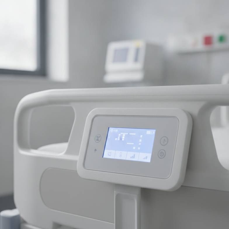 A close-up of a digital display on a hospital bed weighing system showing a patient's weight.