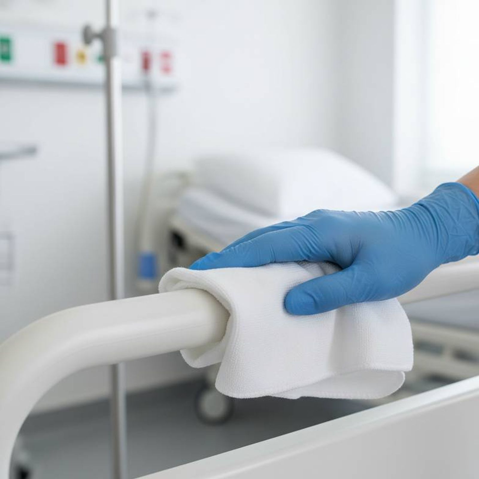 A healthcare worker in gloves cleaning a hospital bed side rail, showing the interaction between cleaning agents and hospital bed materials
