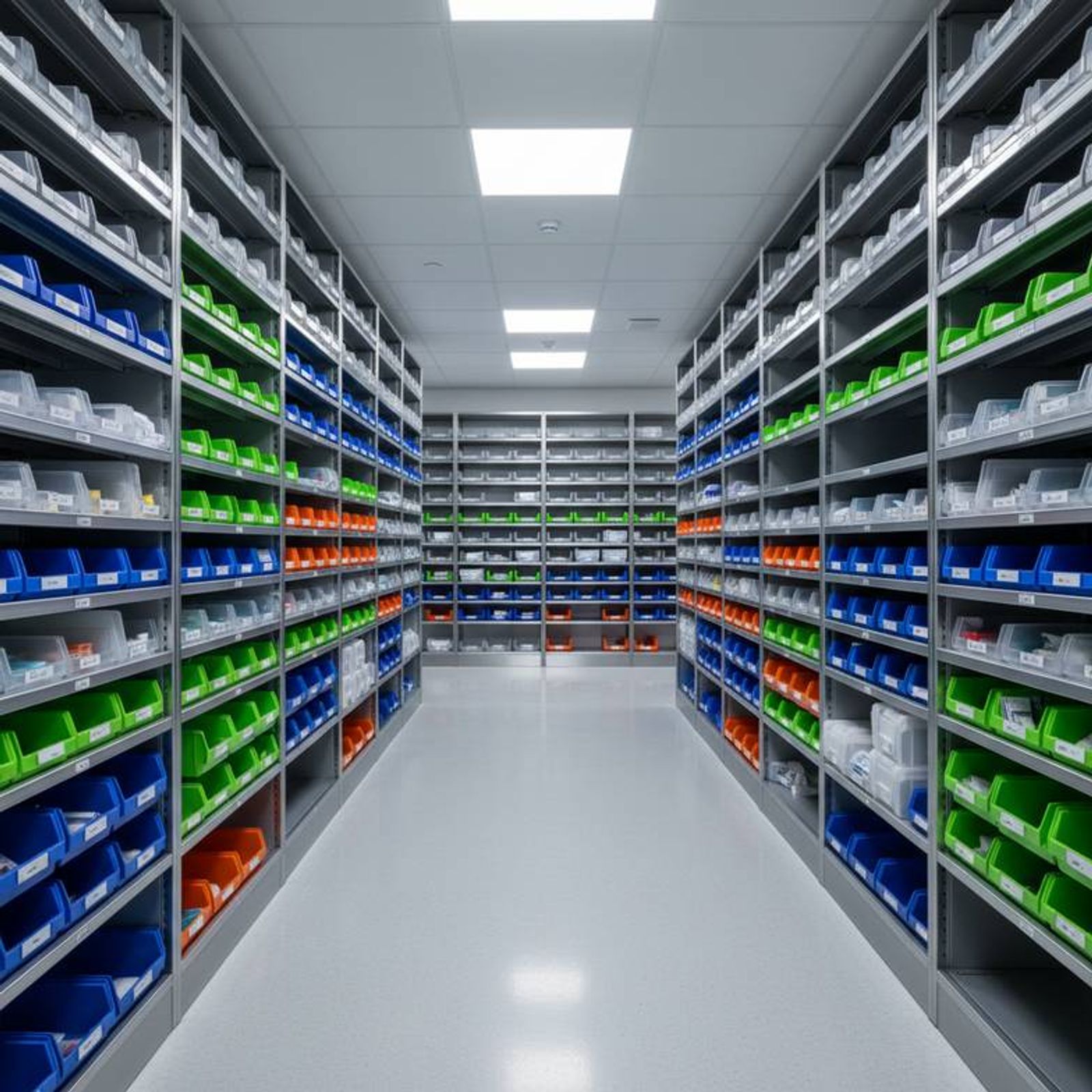 A well-organized medical supply storage room with modular shelving and labeled bins