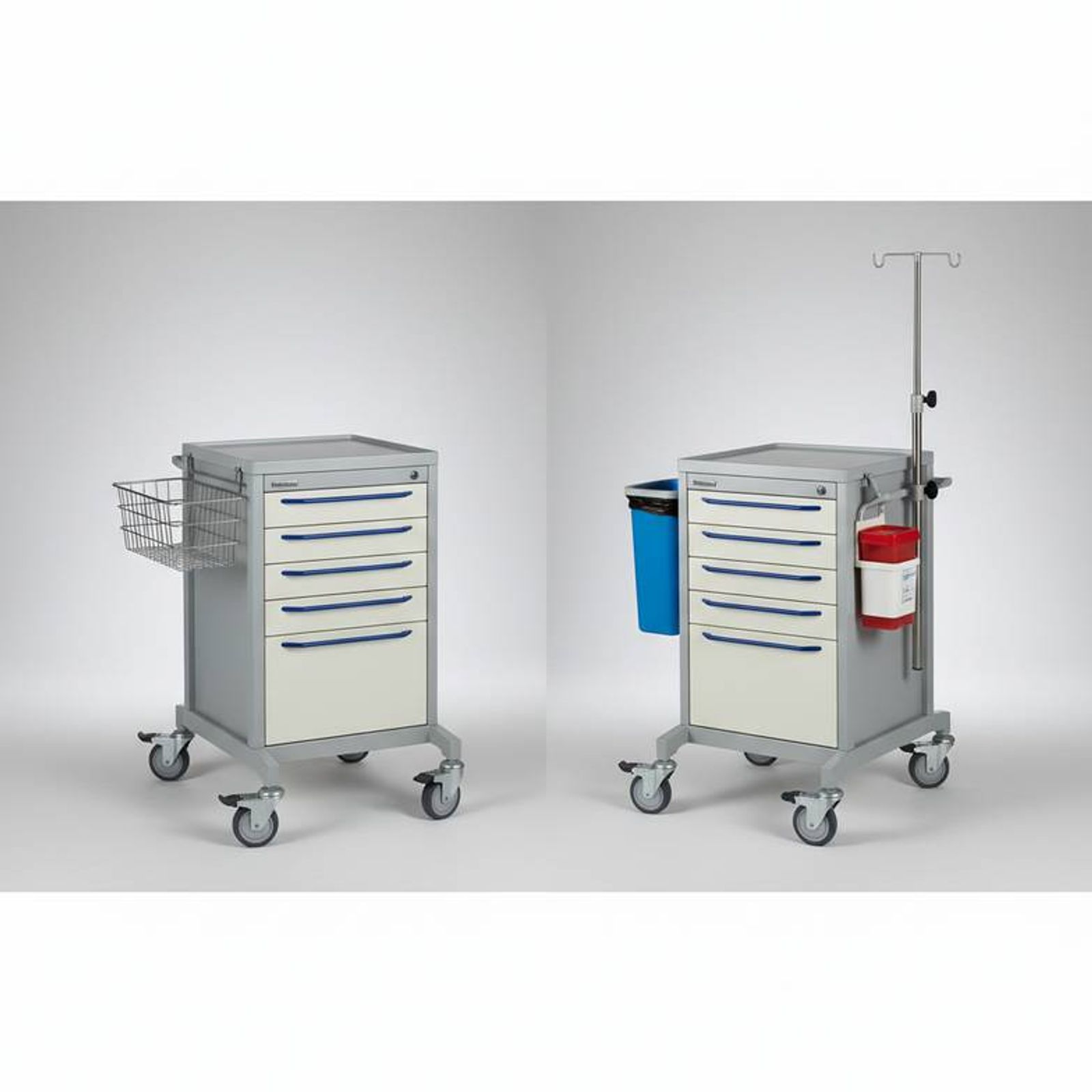 A detailed photo comparing two different anesthesia trolley accessory setups side-by-side, one basic and one fully equipped.