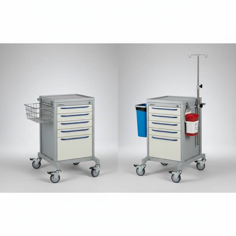 A detailed photo comparing two different anesthesia trolley accessory setups side-by-side, one basic and one fully equipped.