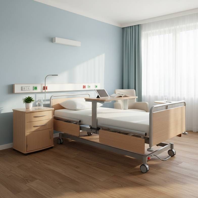A well-lit and functional nursing home room showing a compatible electric bed, bedside cabinet, and overbed table, creating a safe and comfortable environment for a resident.