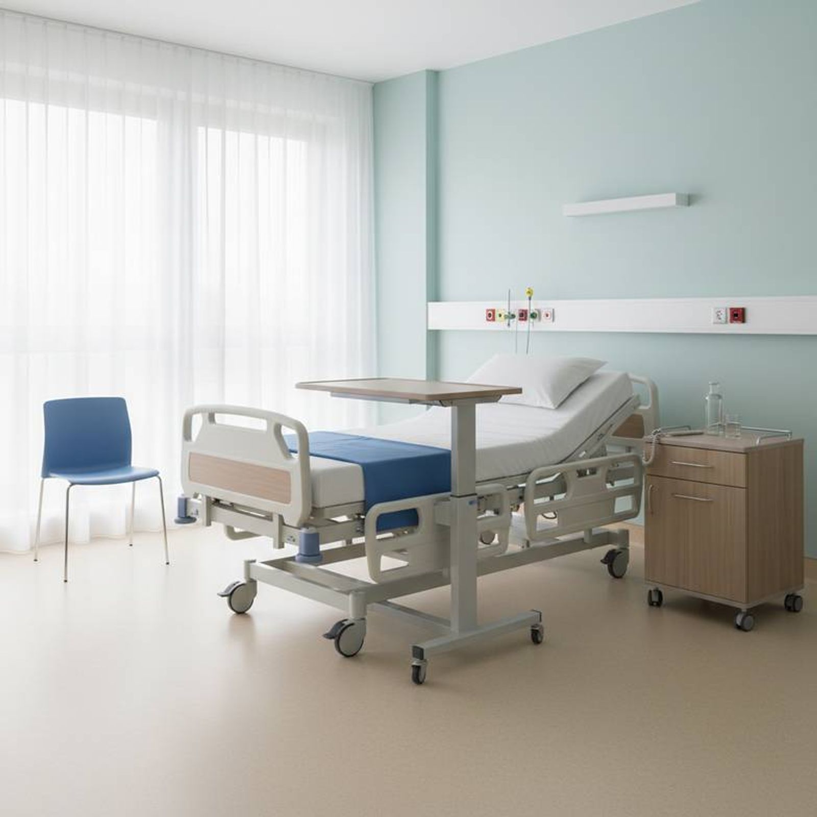 A well-lit and clean hospital patient room showing a complete set of furniture: a hospital bed, a bedside cabinet, an overbed table, and a visitor chair.