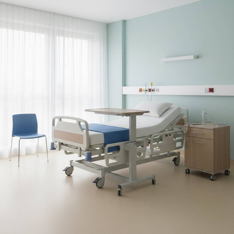 A well-lit and clean hospital patient room showing a complete set of furniture: a hospital bed, a bedside cabinet, an overbed table, and a visitor chair.