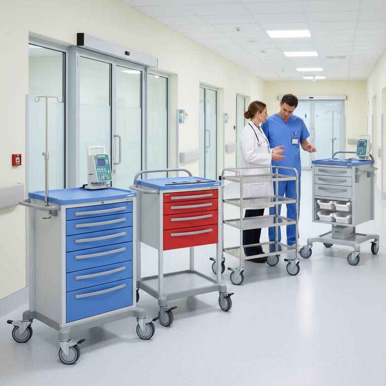 Export cartons of medical trolleys neatly stacked on wooden pallets in a warehouse, ready for container loading