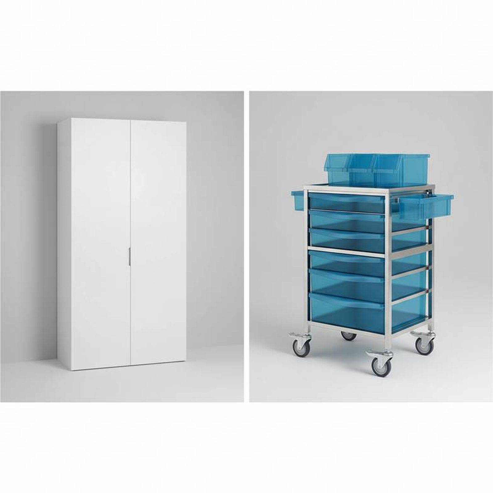 A side-by-side comparison of a fixed, built-in cabinet and a mobile medical cart with modular bins.