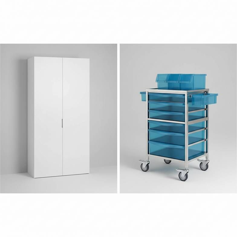 A side-by-side comparison of a fixed, built-in cabinet and a mobile medical cart with modular bins.