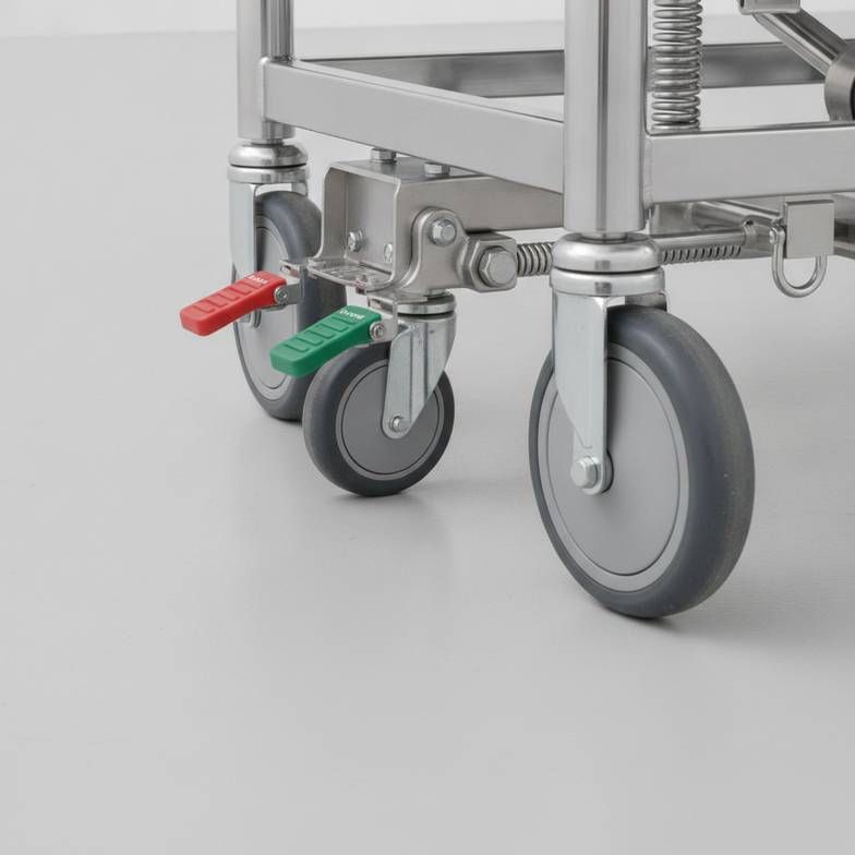 Close-up of the central braking pedal and a fifth wheel on a patient transfer trolley