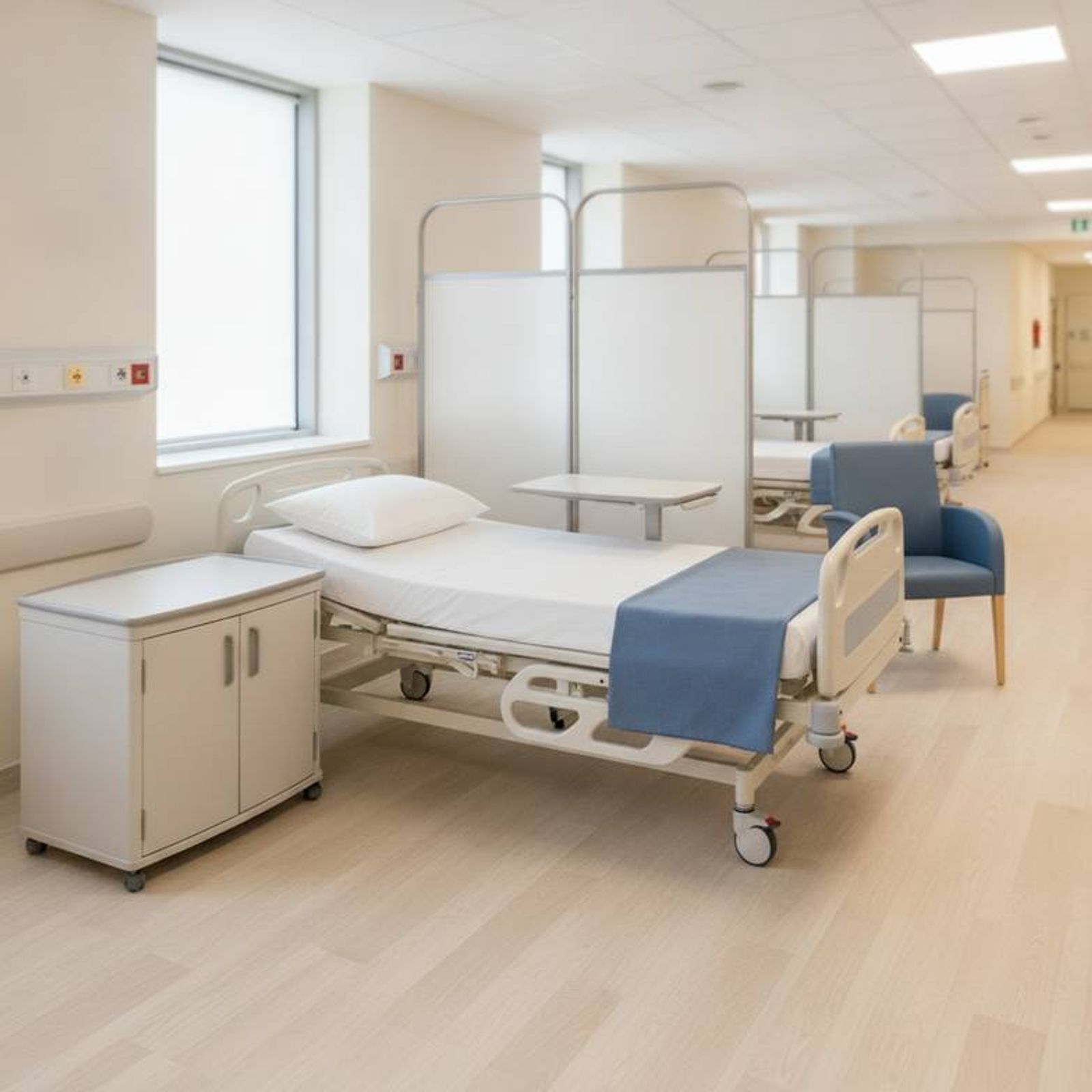 A diagram showing the importance of checking the overbed table's base height against the hospital bed's under-frame clearance.