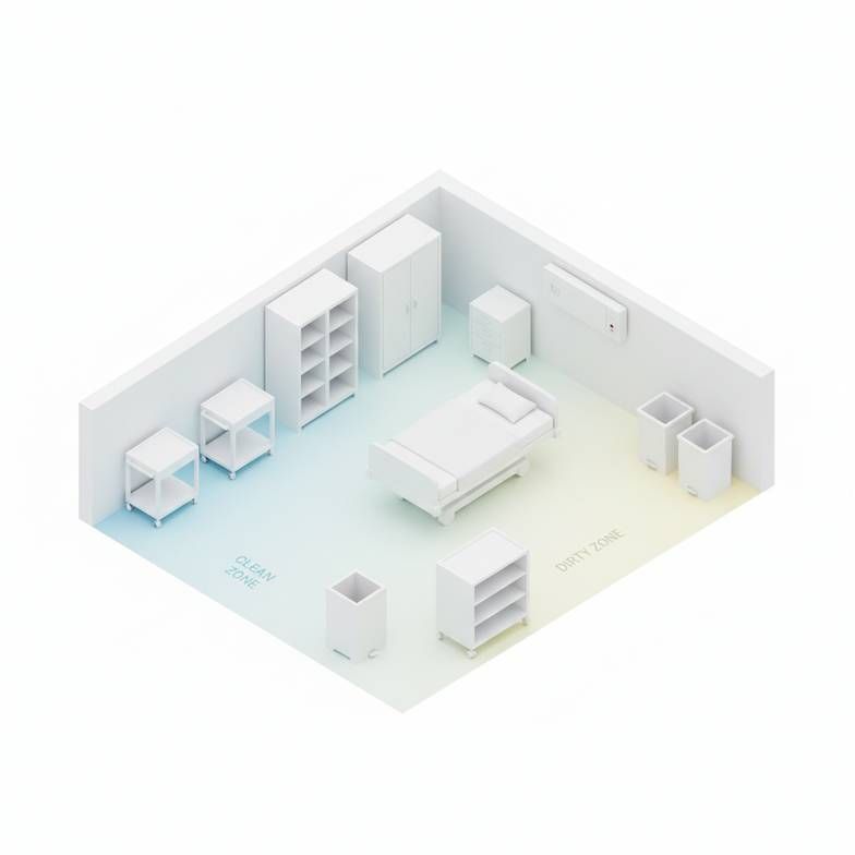 Overhead diagram showing a smart ICU room furniture layout