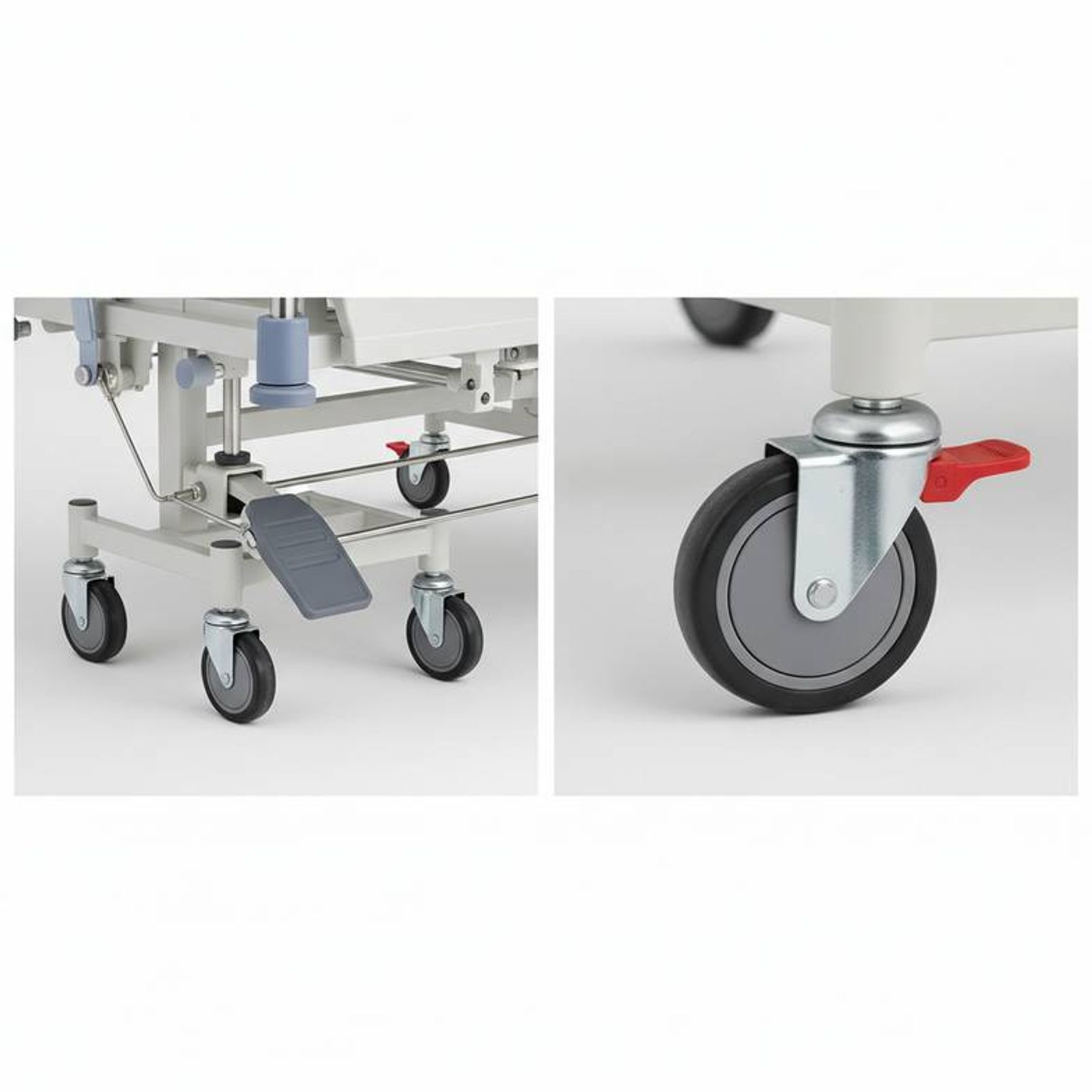 A close-up of a central locking caster system versus an individual locking caster on a hospital bed
