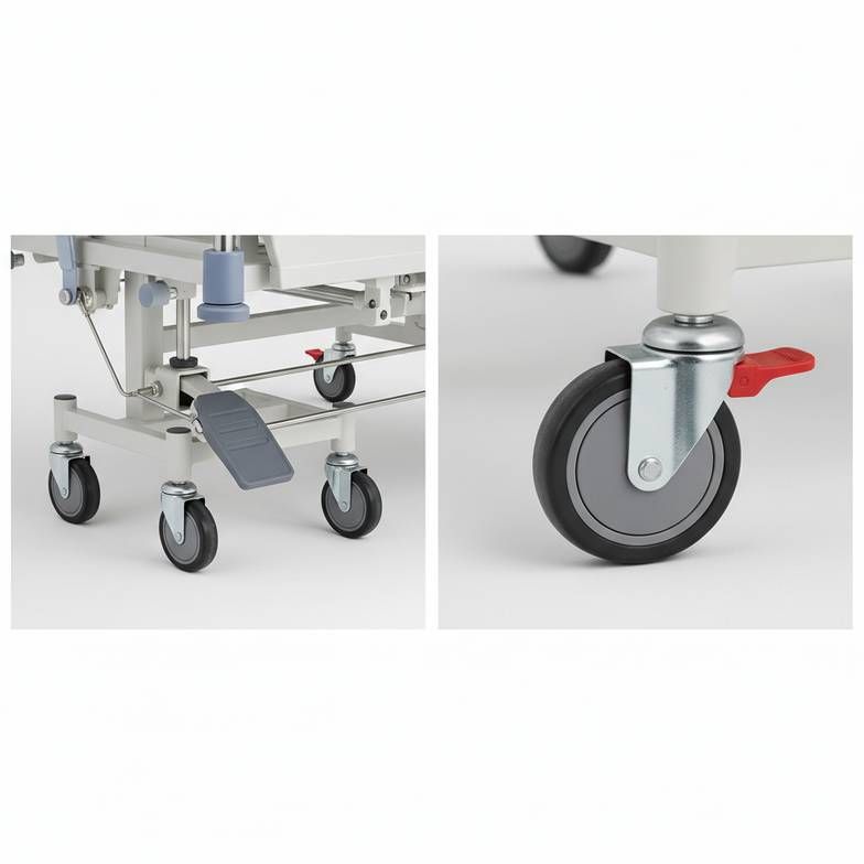 A close-up of a central locking caster system versus an individual locking caster on a hospital bed