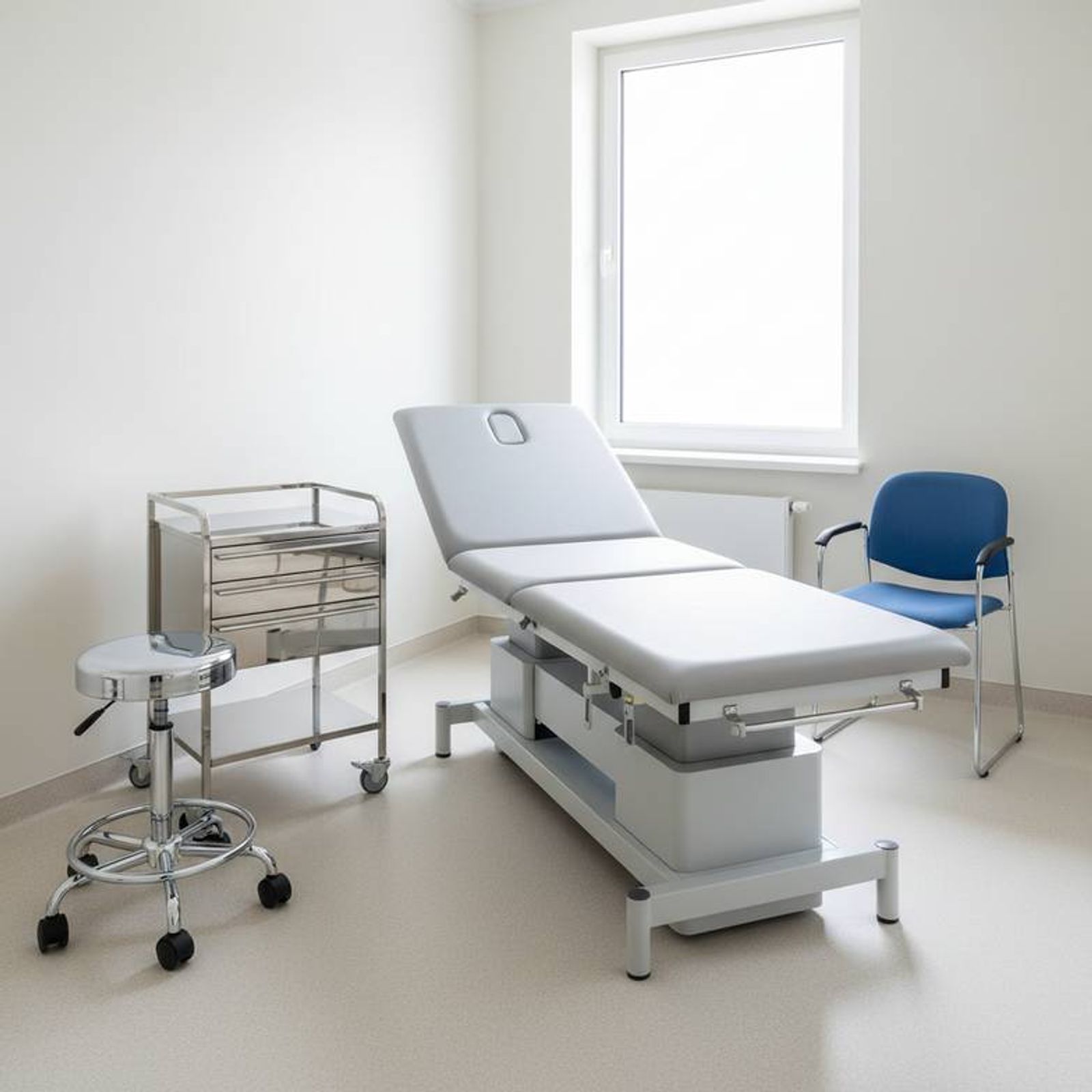 A clean, well-lit outpatient examination room fully furnished with an examination table, a doctor's stool, a medical trolley, and visitor chairs, illustrating a complete clinic furniture project.