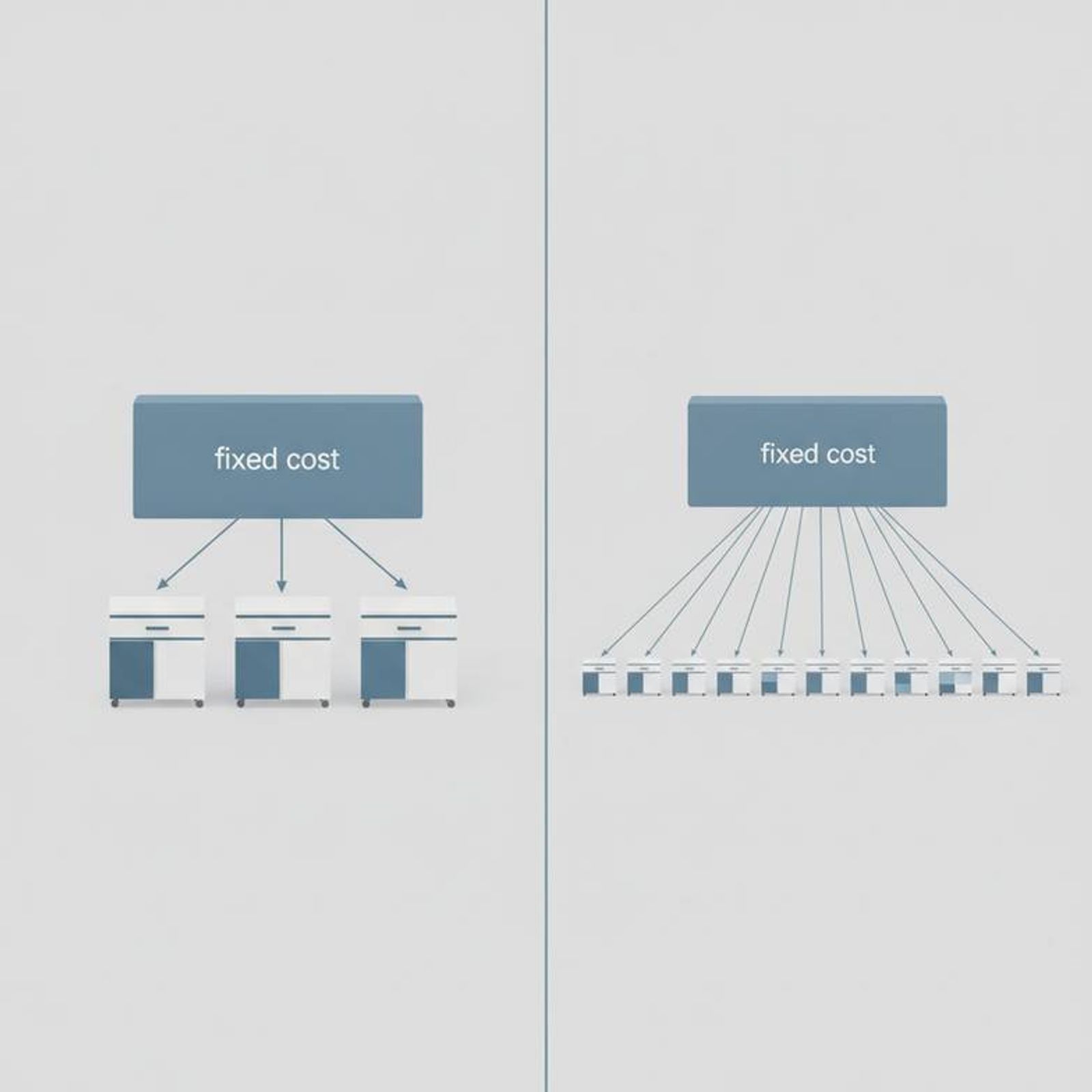 A diagram showing how fixed production costs are spread over a large order versus a small order, resulting in different unit prices.