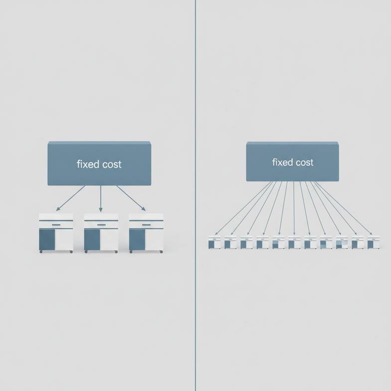 A diagram showing how fixed production costs are spread over a large order versus a small order, resulting in different unit prices.