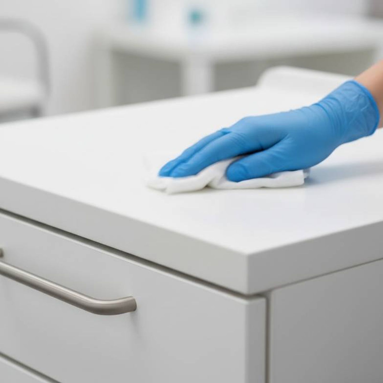 Close-up of a chemical-resistant surface on a medical cabinet