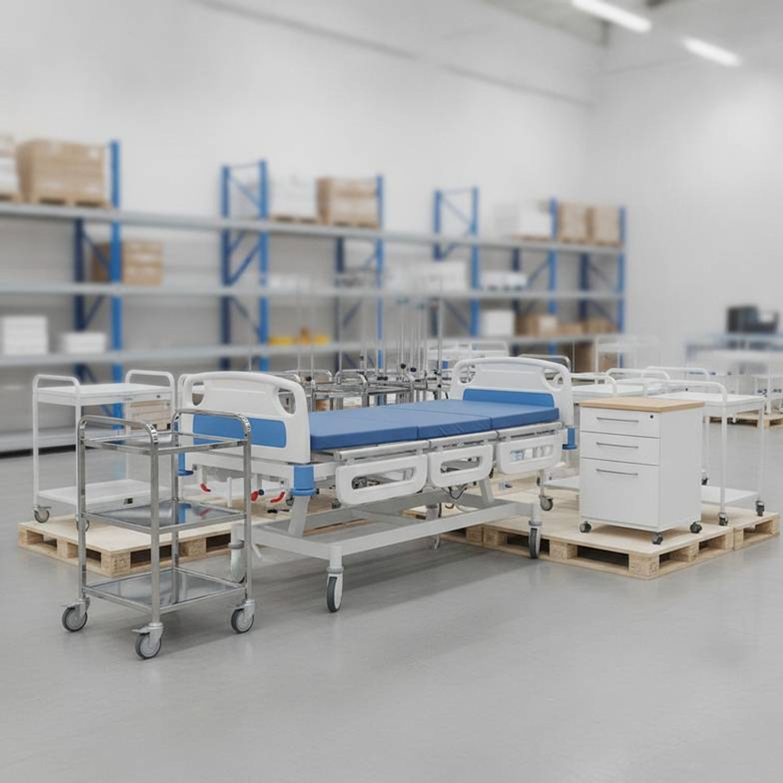 Different types of hospital furniture like beds, trolleys, and cabinets in a warehouse, illustrating a mixed-category order.