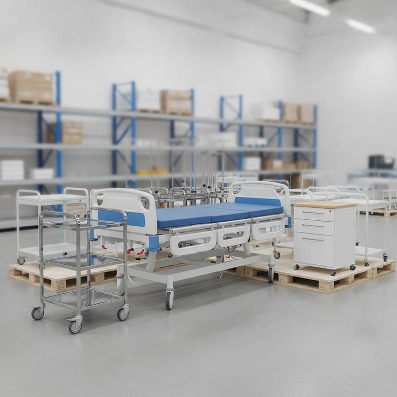 Different types of hospital furniture like beds, trolleys, and cabinets in a warehouse, illustrating a mixed-category order.
