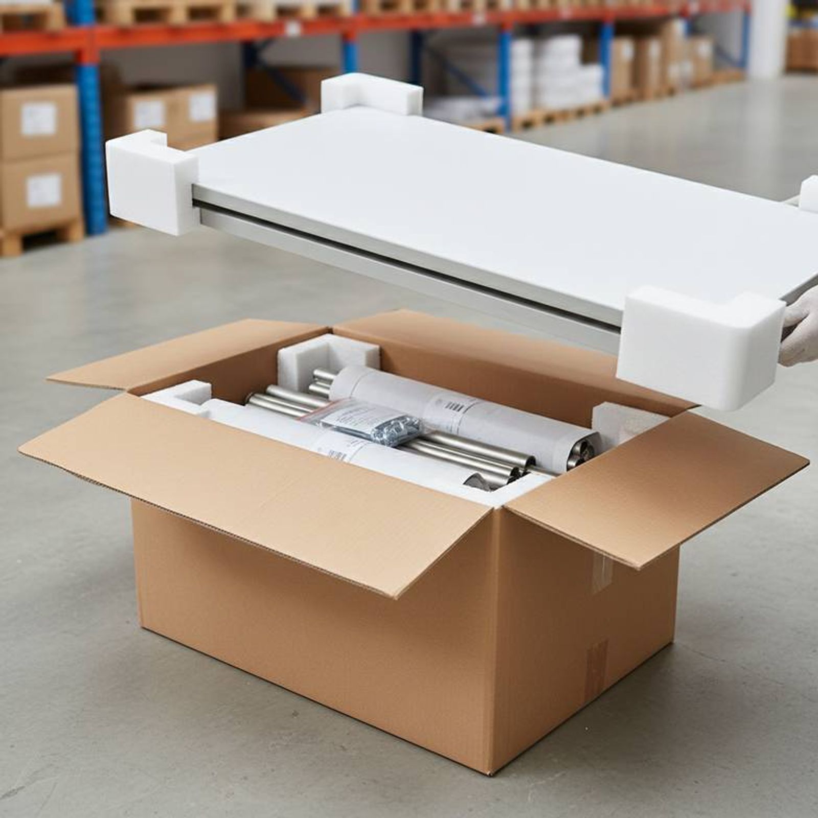 A neatly packed overbed table in a strong, labeled export carton, with foam protectors visible around the tabletop corners.