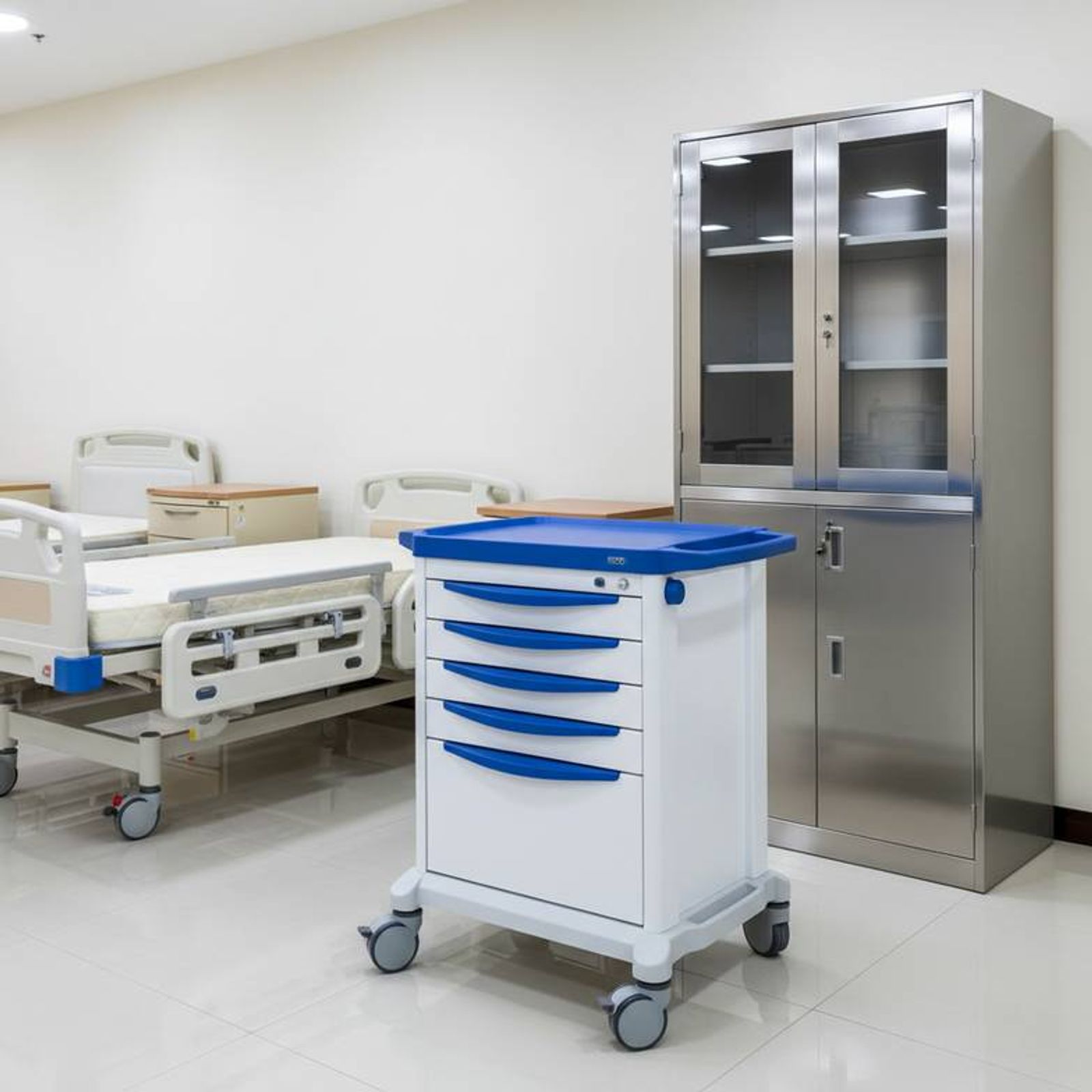 A collage showing different types of medical furniture: an elderly care bed, a medical trolley with drawers, a stainless steel cabinet, and a bedside cabinet.