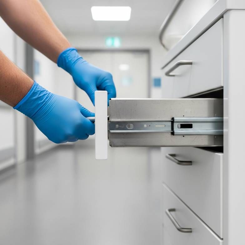 A frustrated nurse struggling with a stuck drawer on a medical trolley in a busy hospital hallway.
