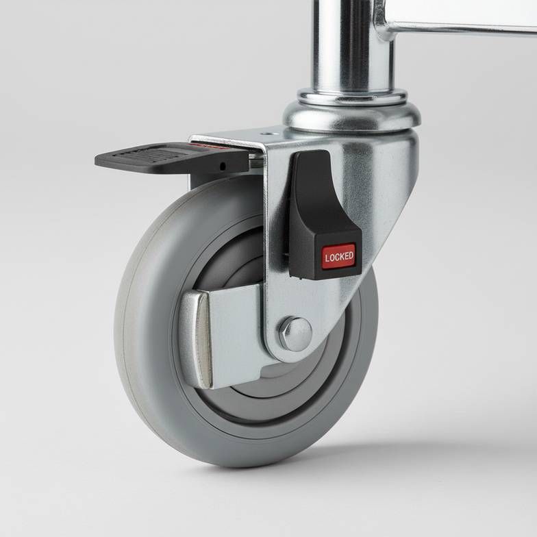 A close-up of a medical trolley caster with the locking mechanism engaged.