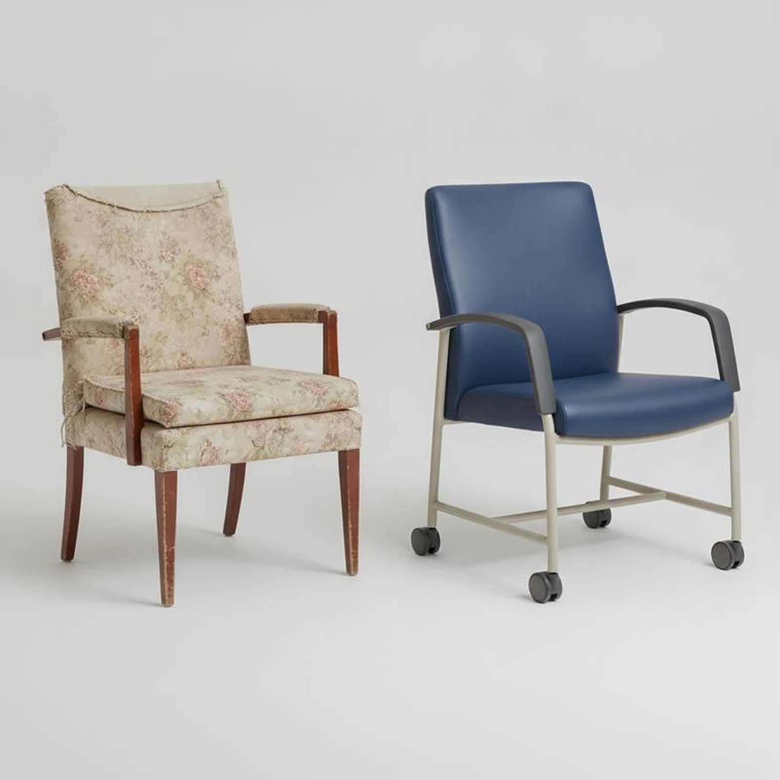A split image showing a worn-out residential chair next to a sturdy, clean healthcare-grade chair for nursing homes.