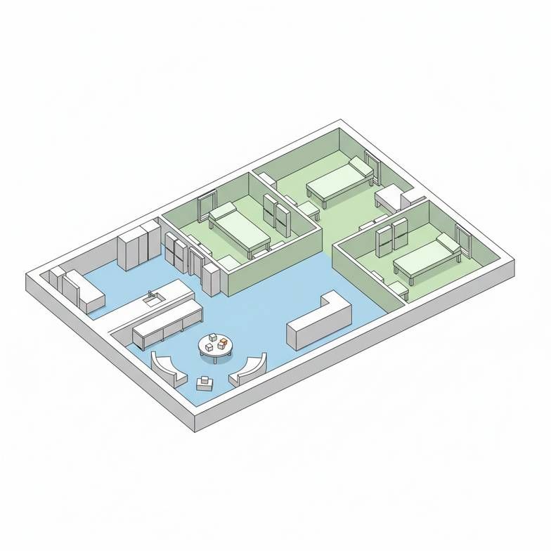 A floor plan diagram showing different zones for pediatric outpatient room furniture, including waiting, exam, and staff areas.