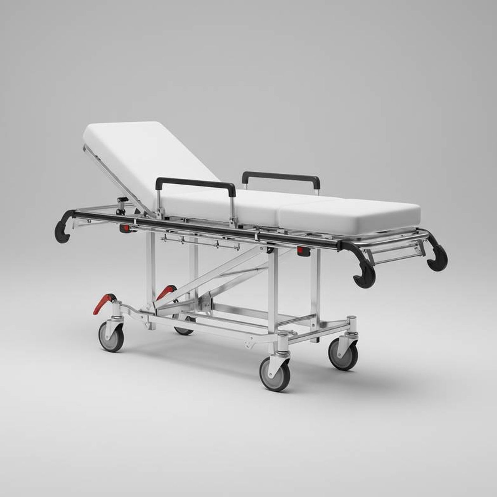 An ambulance stretcher ready for use inside a hospital corridor