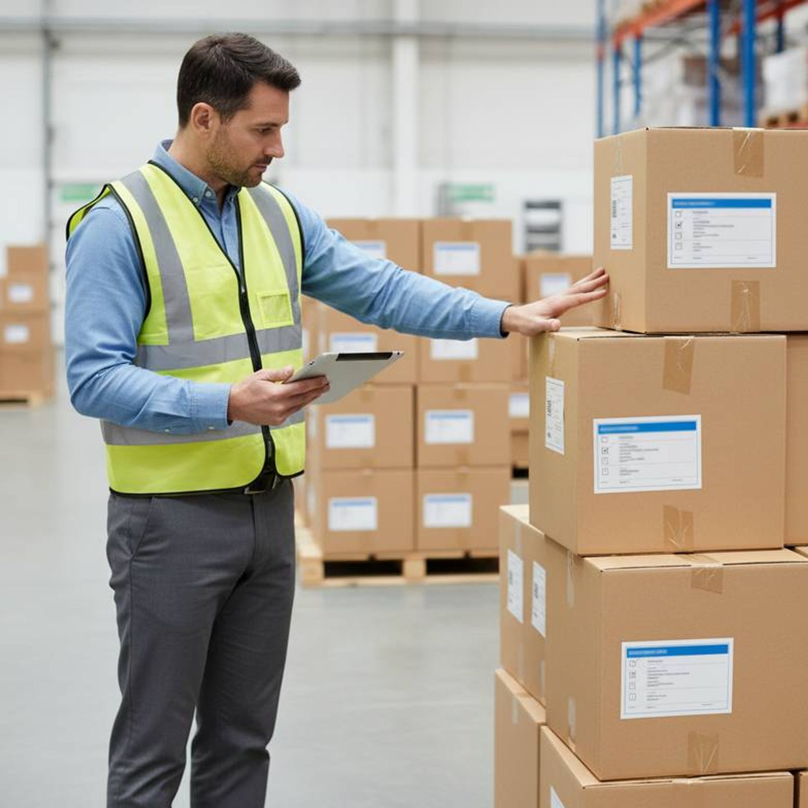A person in a warehouse using a checklist on a tablet to inspect a packed hospital bedside cabinet carton.