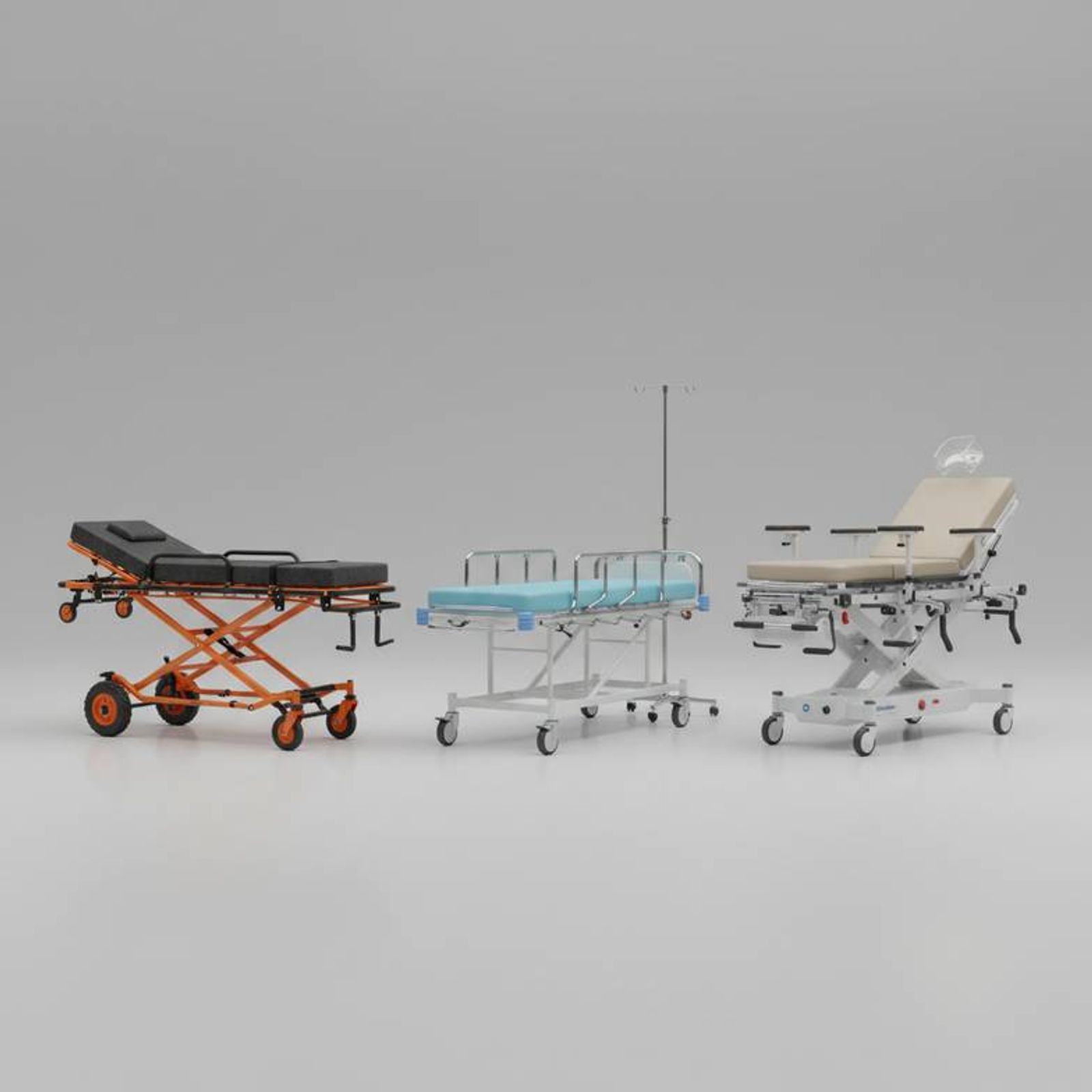 A collection of different medical stretchers in a hospital setting