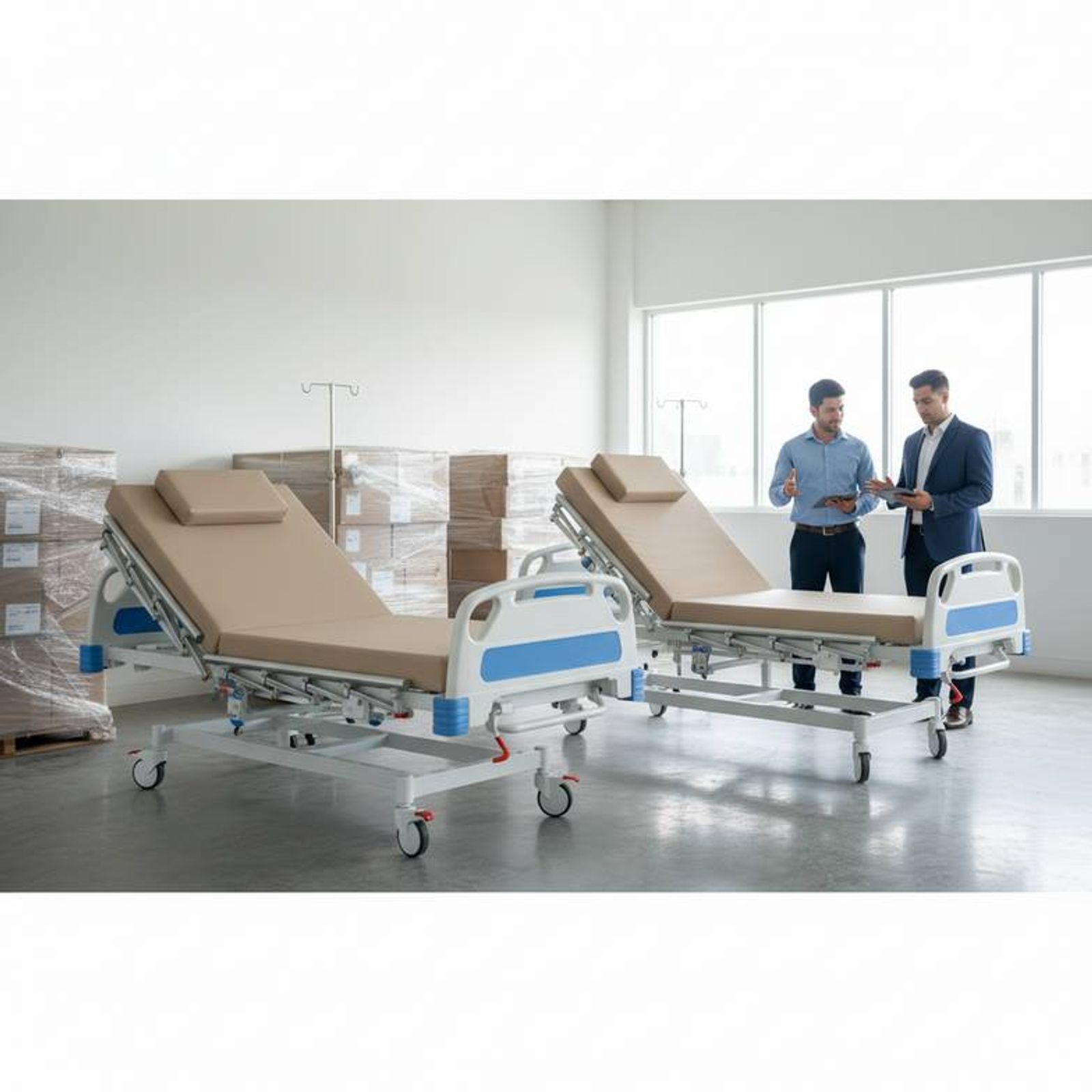 Diagram showing a flat bed, a Semi-Fowler bed with back raised, and a Fowler bed with back and knees raised