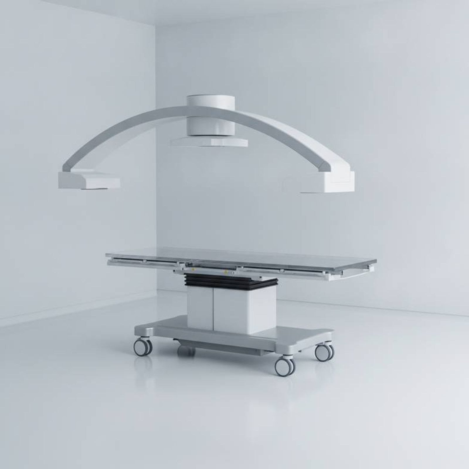 A specialized procedural stretcher positioned under a C-arm imaging machine