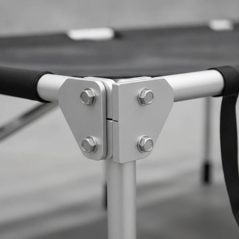 Close-up of the reinforced joint on an aluminum portable folding stretcher frame