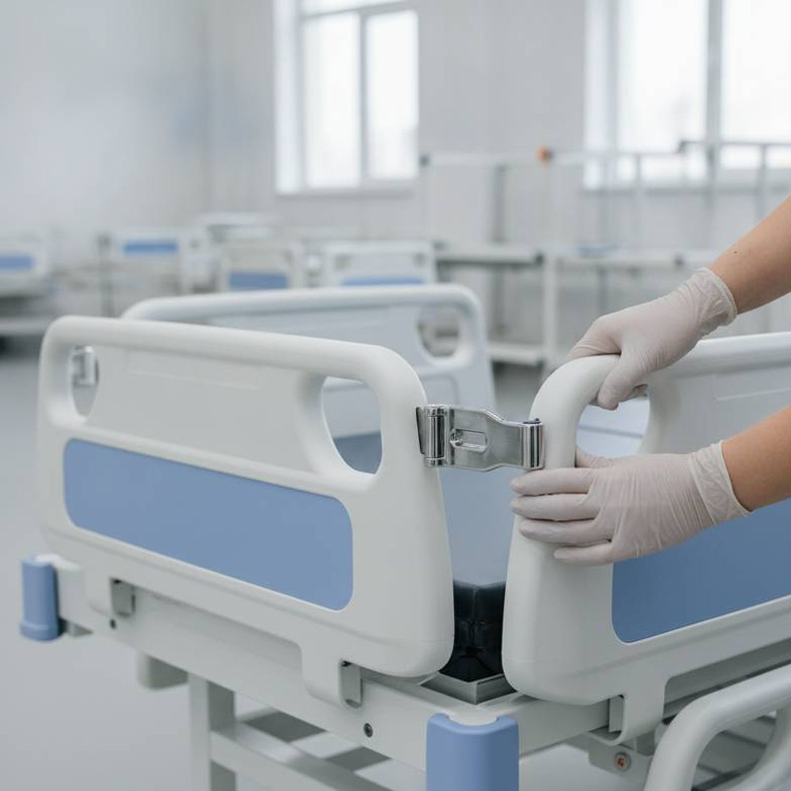 An inspector testing the side rail locking mechanism on a hospital bed.