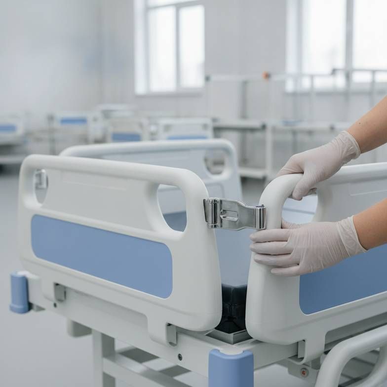 An inspector testing the side rail locking mechanism on a hospital bed.