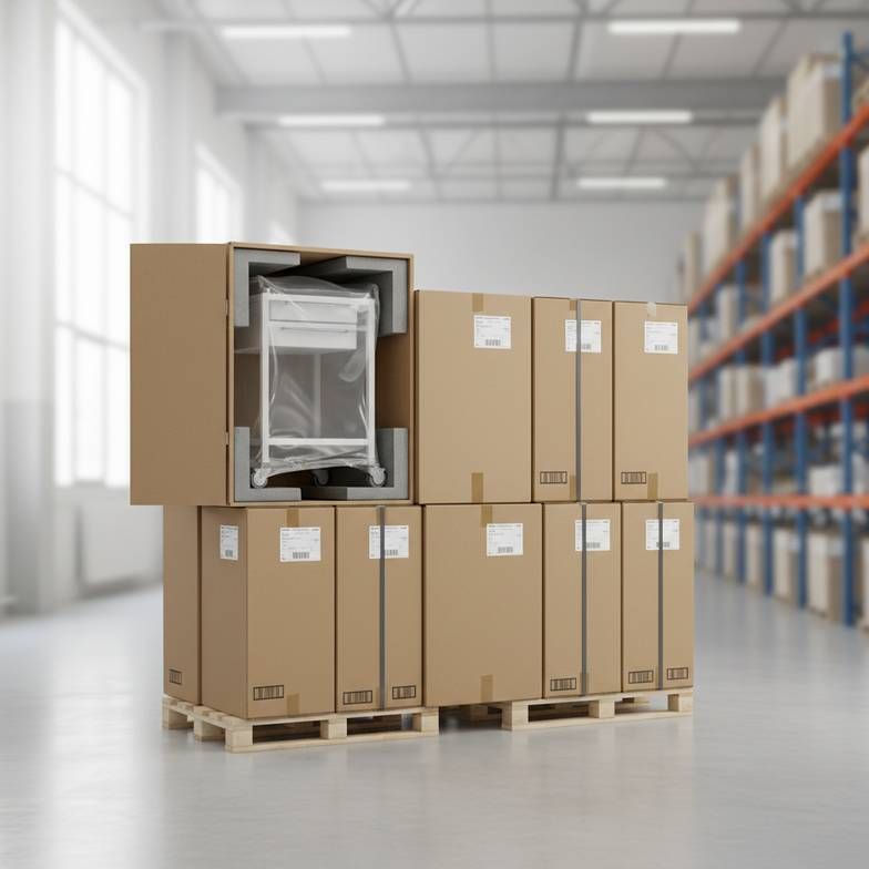 Medical trolleys carefully packed in strong, labeled export cartons, ready for shipment in a clean warehouse.