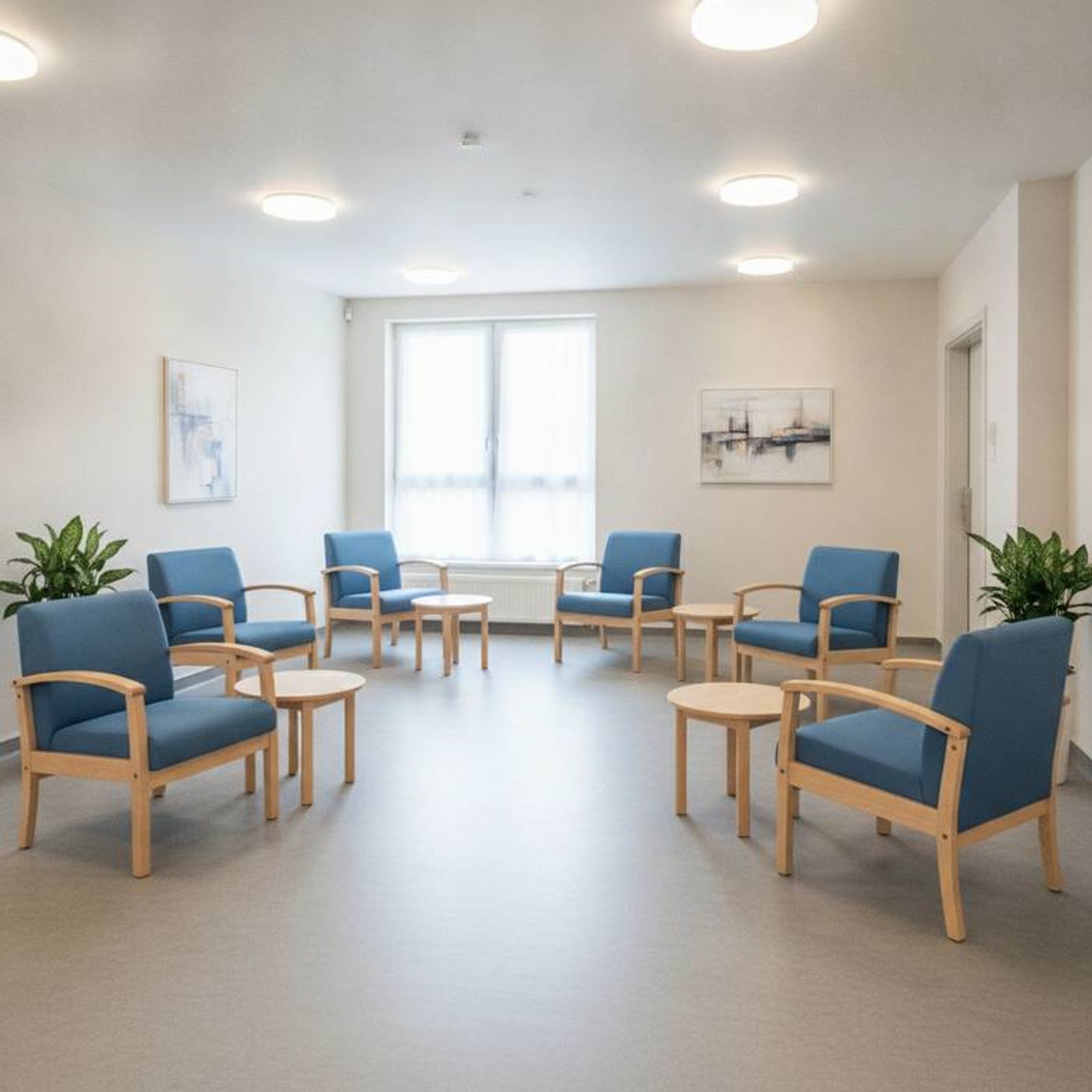 A well-lit nursing home common area with durable, comfortable chairs and tables, demonstrating quality nursing home furniture.