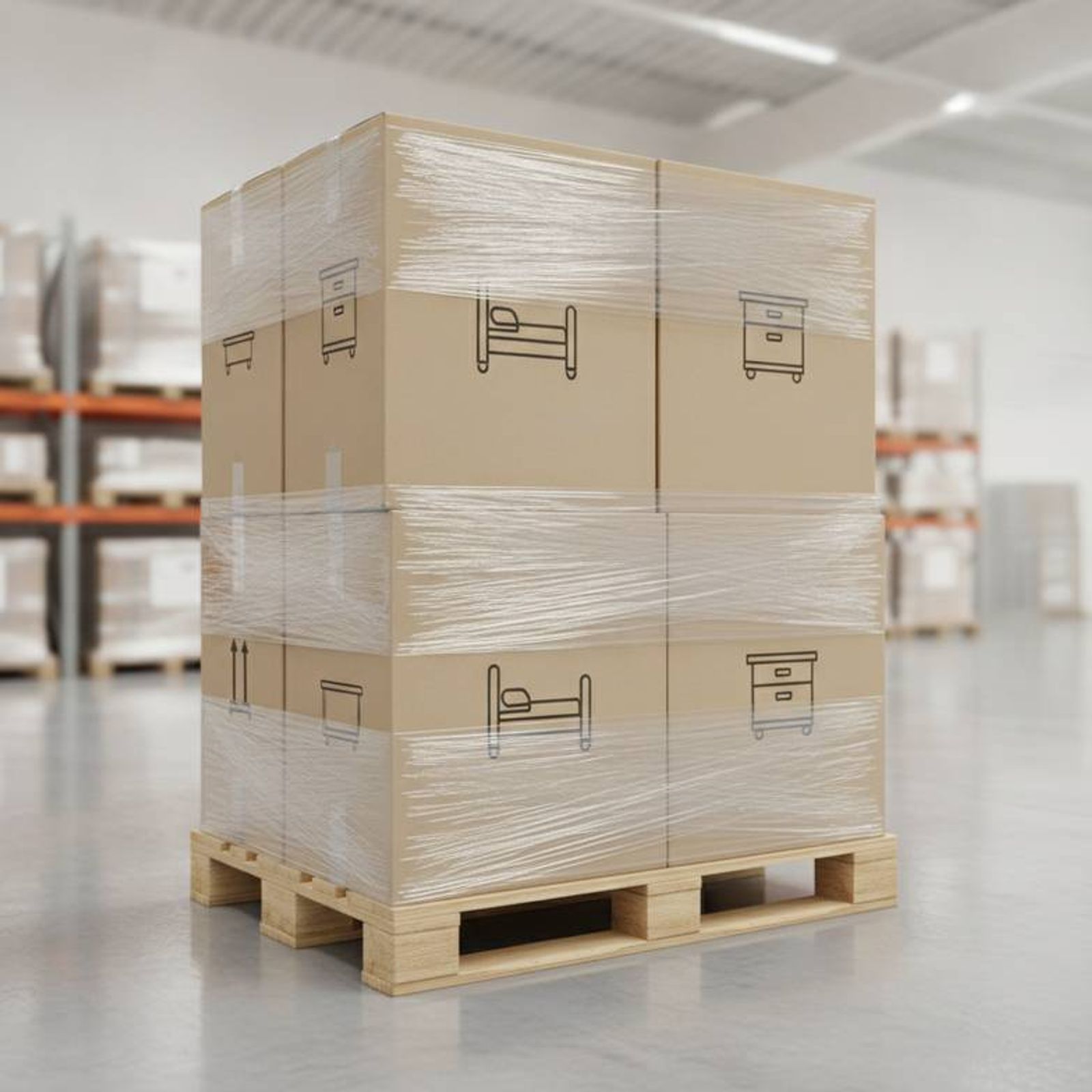 Stacked boxes of a consolidated patient room furniture package shipment ready for a hospital project.