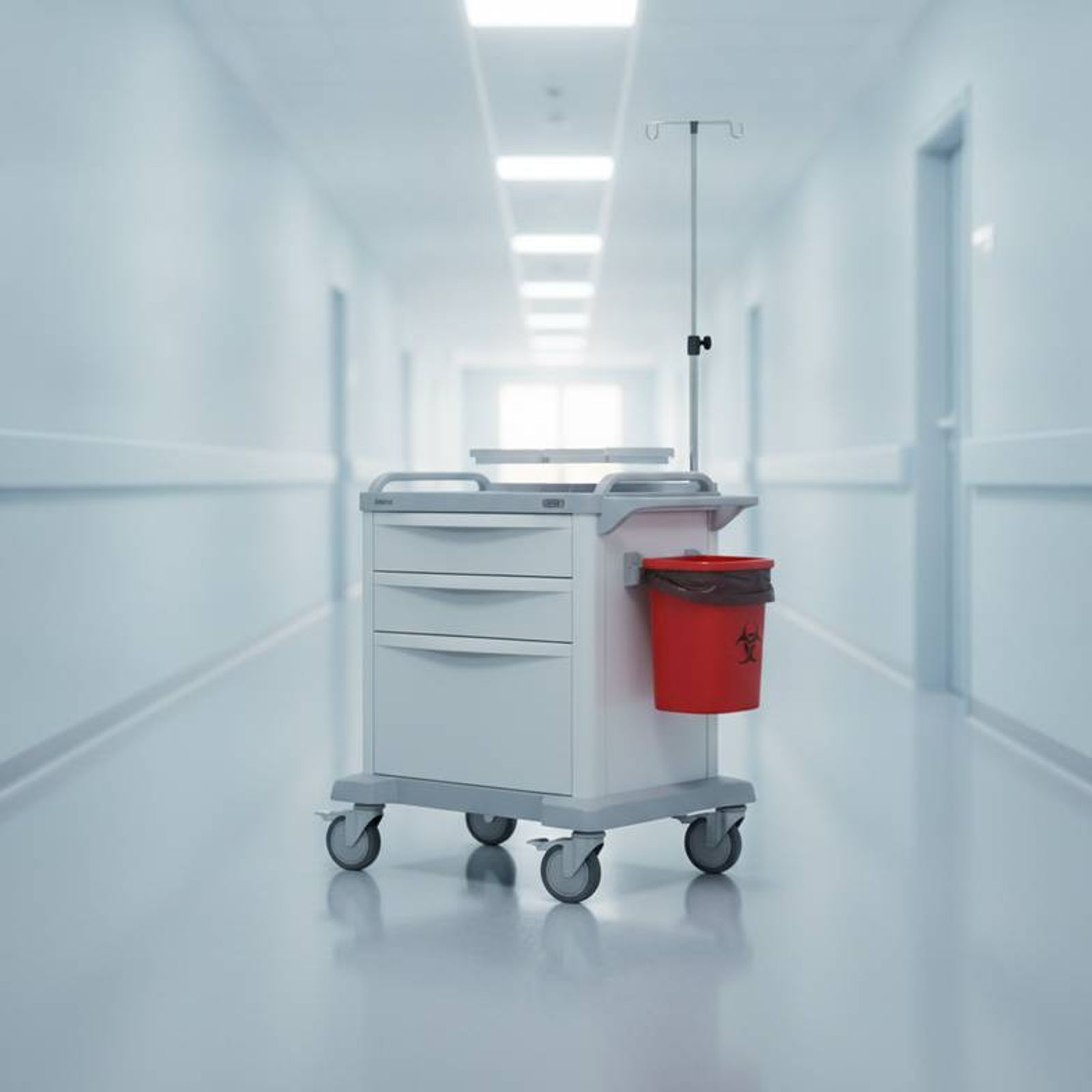 A mobile medical cart used for emergency room supply storage