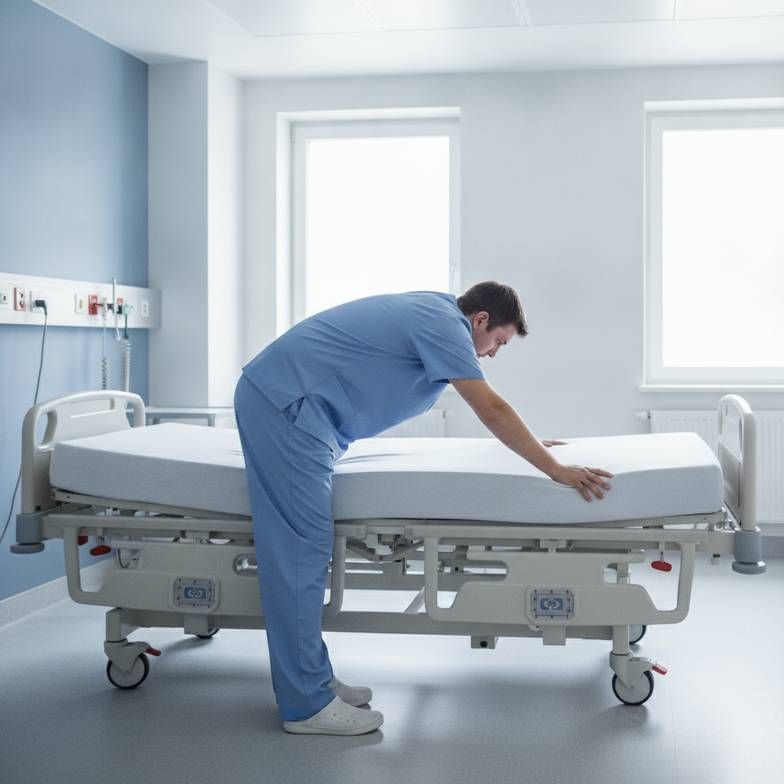A nurse leaning over an extra-wide bariatric hospital bed, demonstrating the potential for back strain.