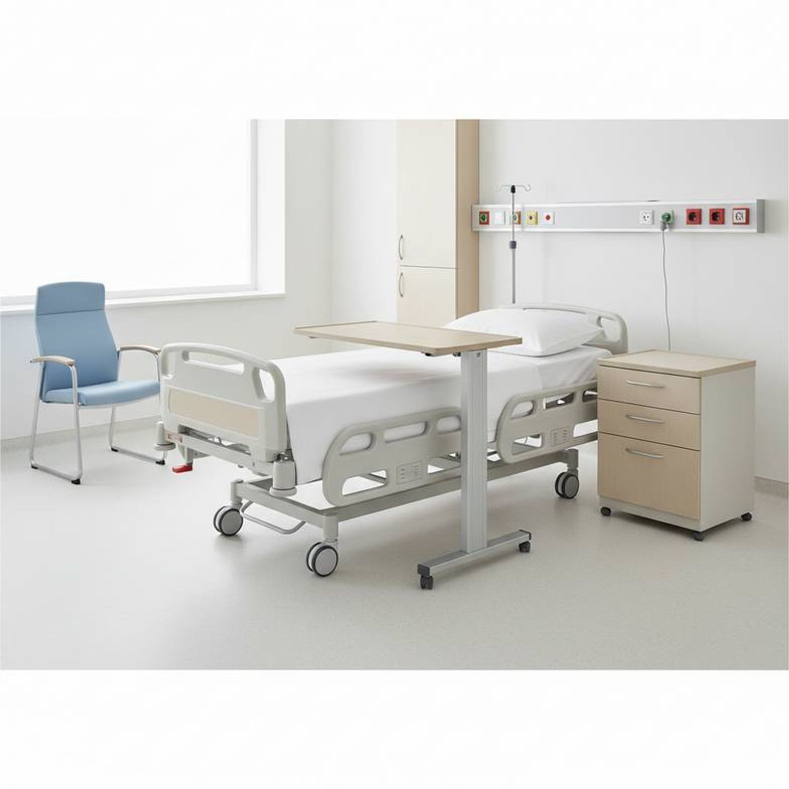 A complete patient room furniture package with a hospital bed, bedside cabinet, and overbed table from CareFurnex.