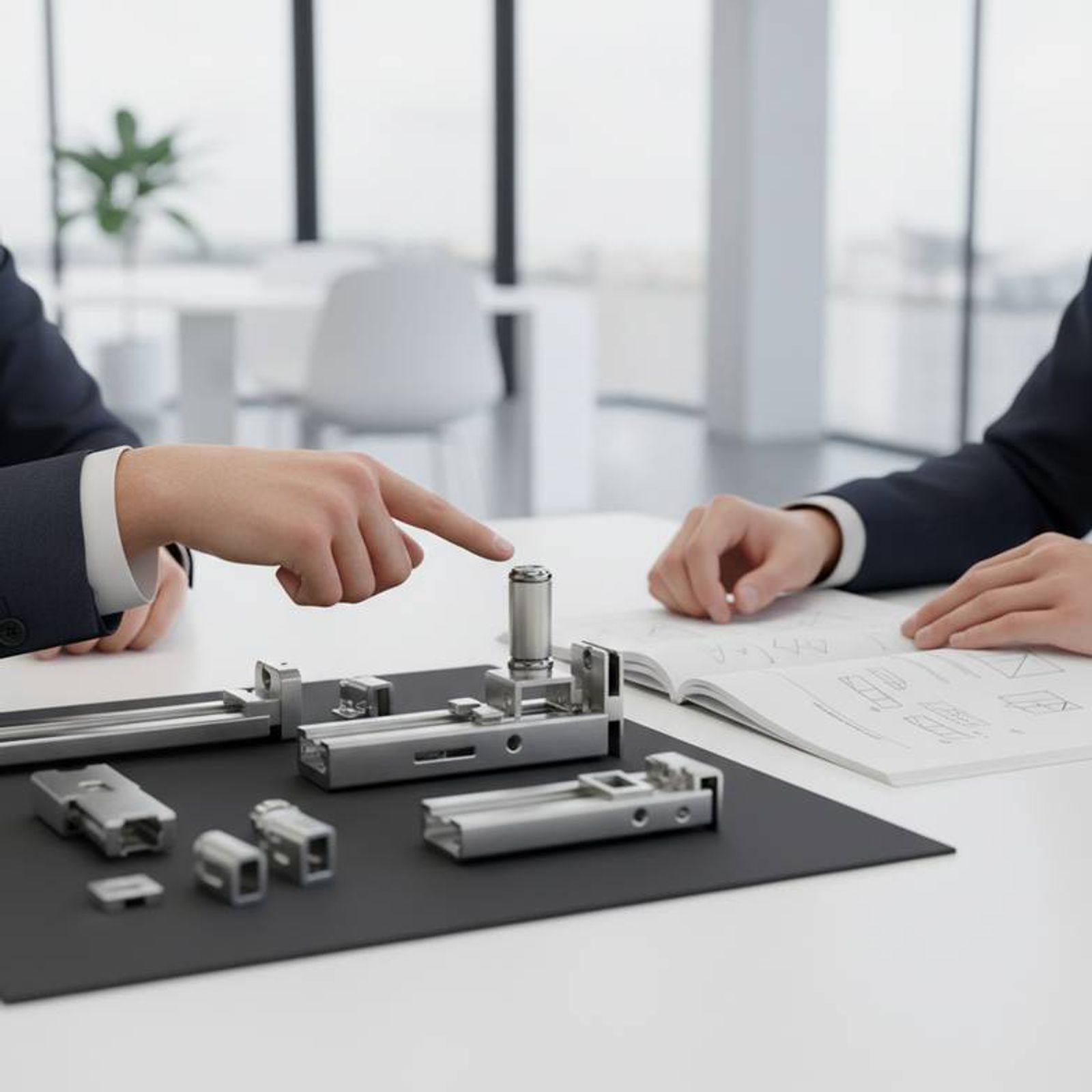 A buyer and a supplier discussing medical trolley specifications over a table.