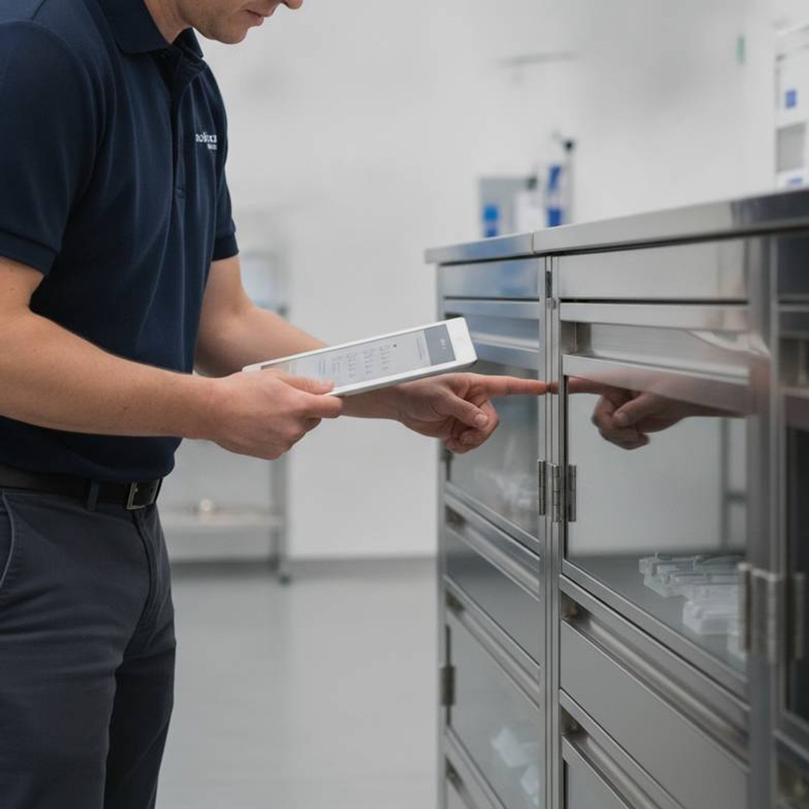 A procurement manager reviewing a checklist while inspecting stainless steel medical cabinets