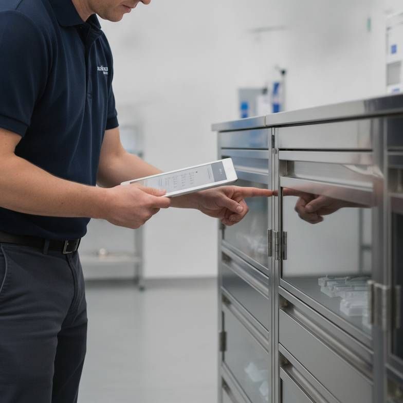 A procurement manager reviewing a checklist while inspecting stainless steel medical cabinets