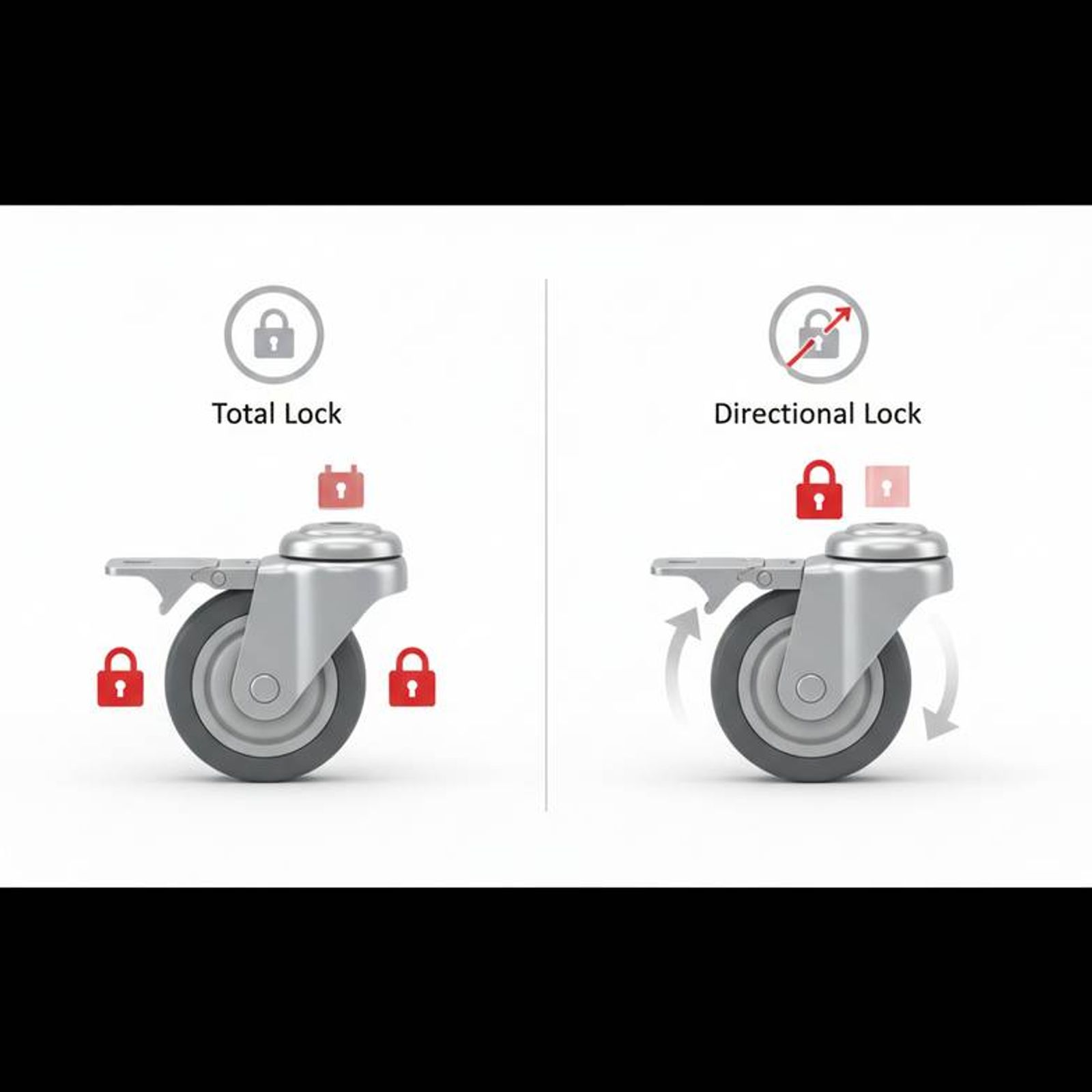 An illustration showing the difference between a total-lock caster and a directional-lock caster.