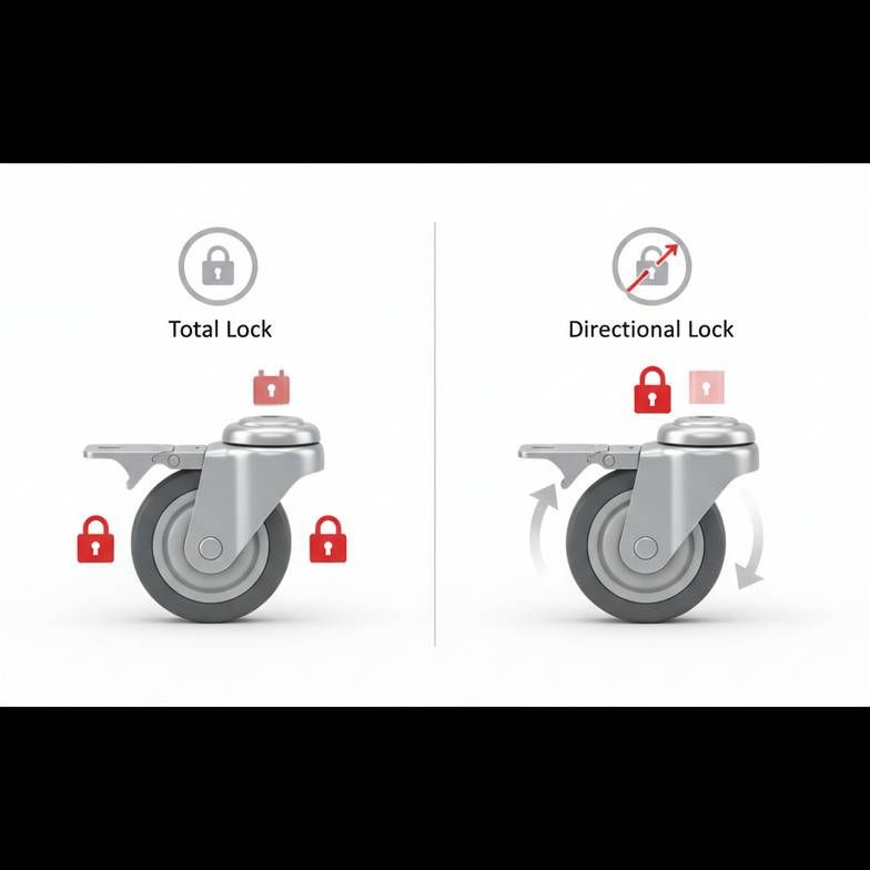 An illustration showing the difference between a total-lock caster and a directional-lock caster.